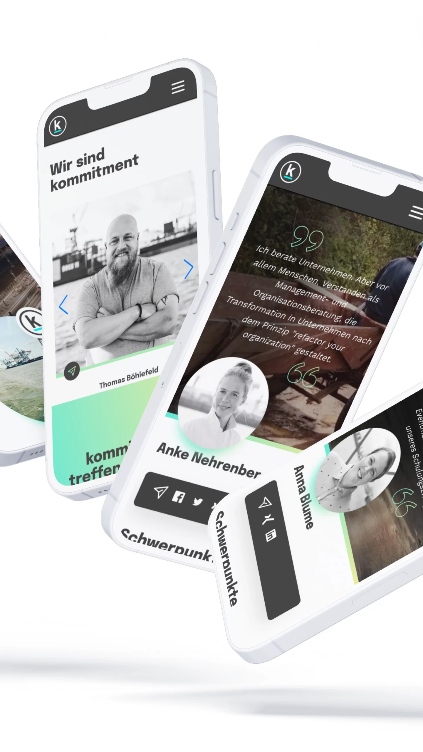 Drei Smartphone-Bildschirme mit Inhalten einer Unternehmens-App oder Website, die Teammitglieder und deren Aussagen präsentieren.
