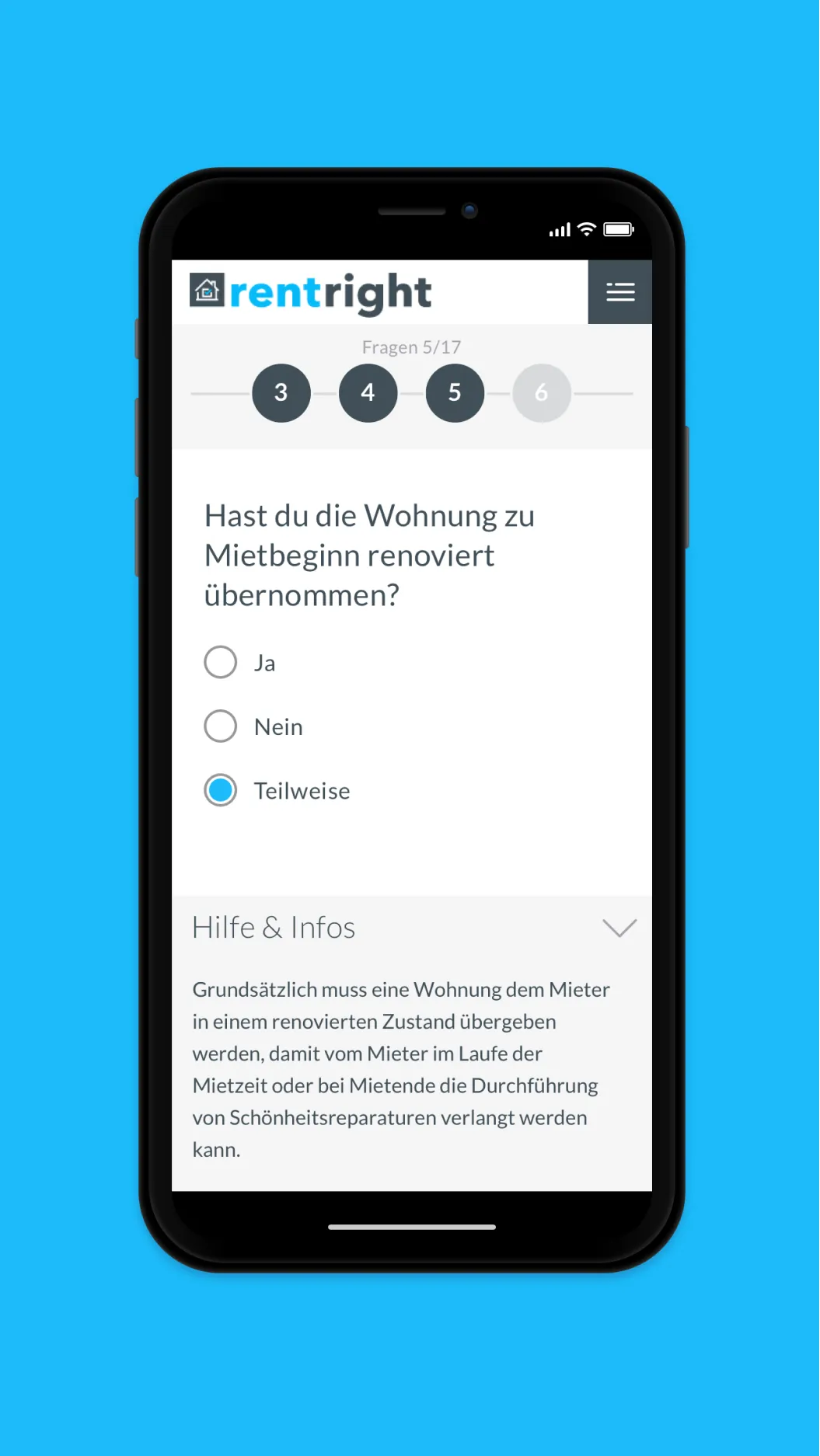 Ein Smartphone zeigt eine Frage aus einem Quiz oder einer Umfrage der App 'rentright' an.