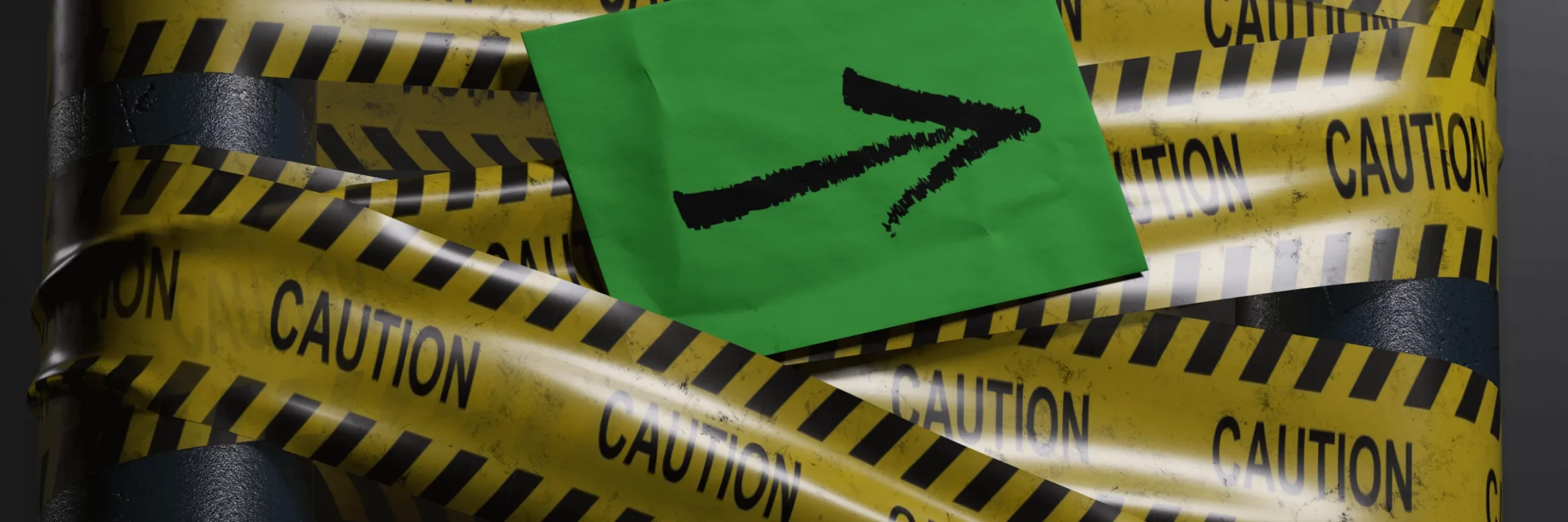 Ein grüner Notizblock mit einem schwarzen Symbol liegt auf gelb-schwarzem Warnband mit der Aufschrift 'CAUTION'.