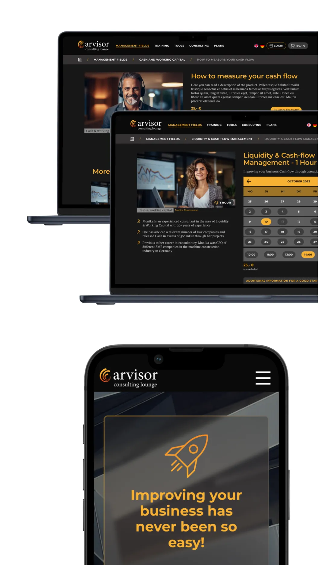 Drei Geräte zeigen die Website von Arvisor Consulting Lounge mit verschiedenen Inhalten zu Liquidität und Cashflow-Management.