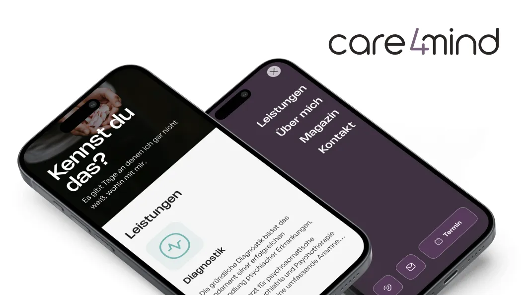 Zwei Smartphone-Bildschirme mit der App care4mind, die Leistungen und Menüpunkte zeigt.