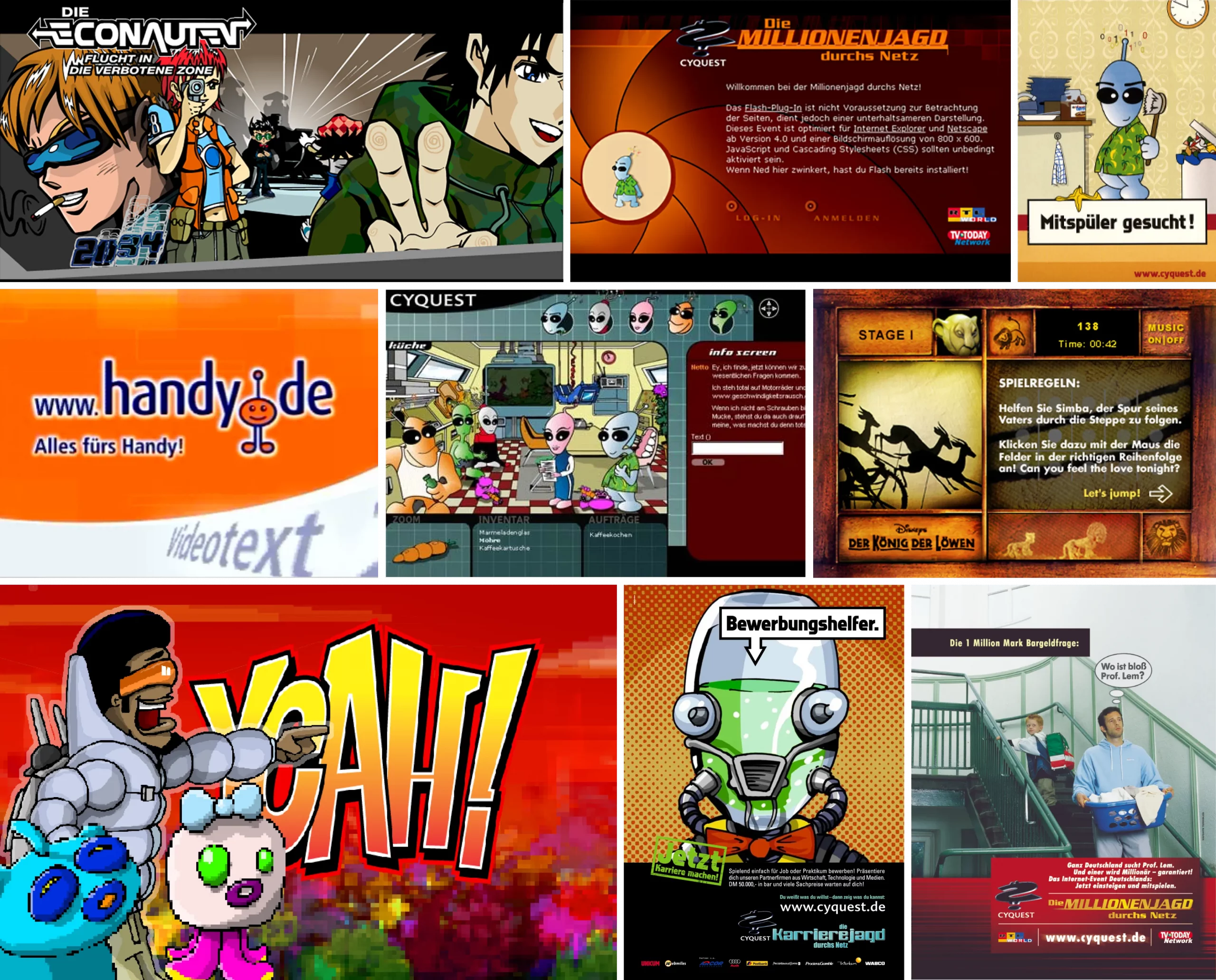 Eine Collage aus verschiedenen animierten Grafiken und Werbebannern von Cyquest mit Cartoons und Spielszenen