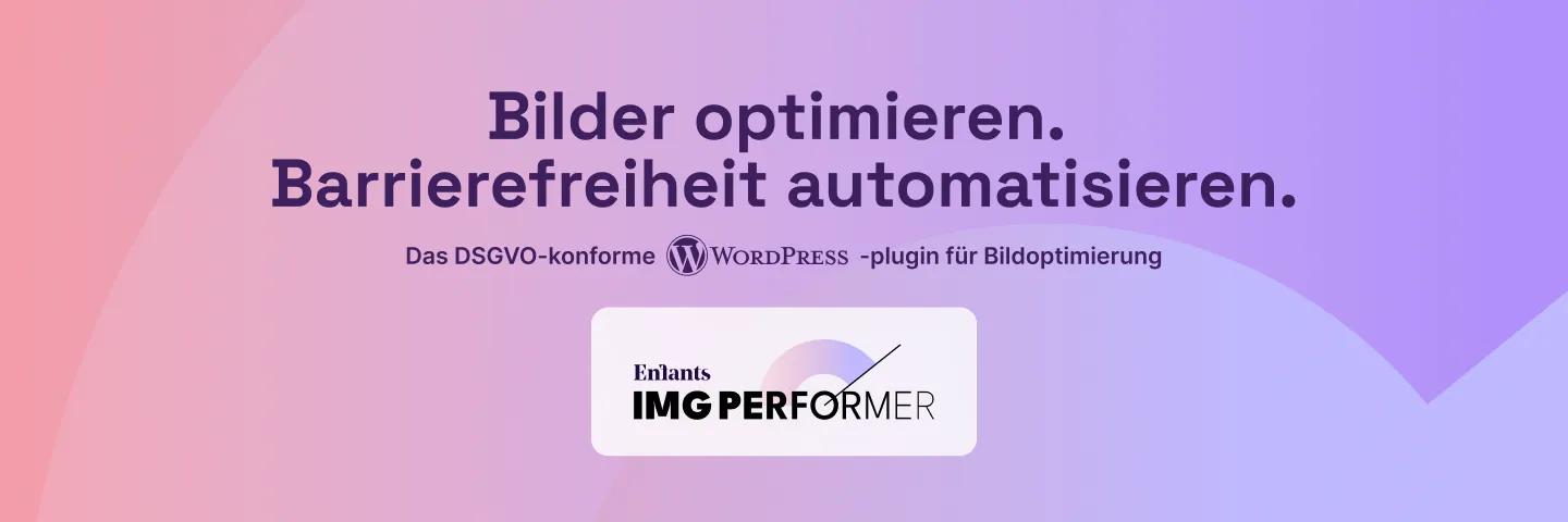 Werbeanzeige für das WordPress-Plugin IMG PERFORMER zur Bildoptimierung und Barrierefreiheit.