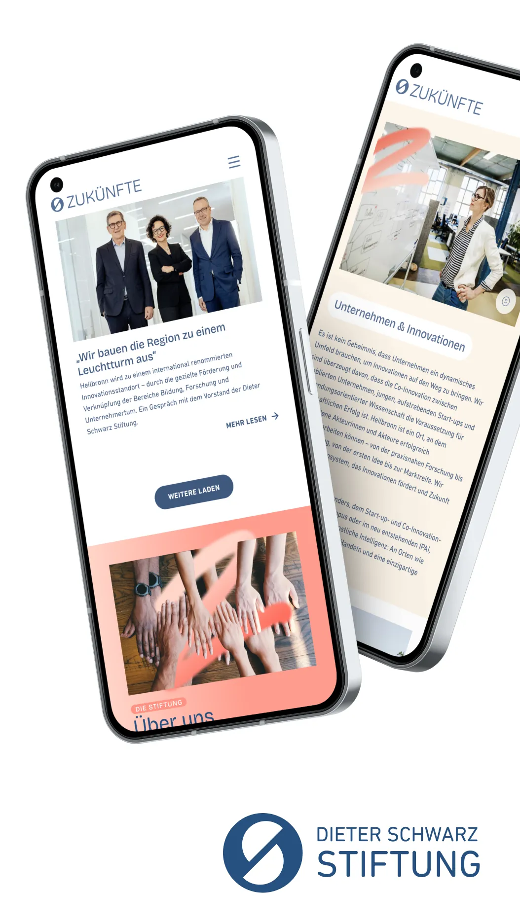 Zwei Smartphones zeigen die Webseite der Dieter Schwarz Stiftung.