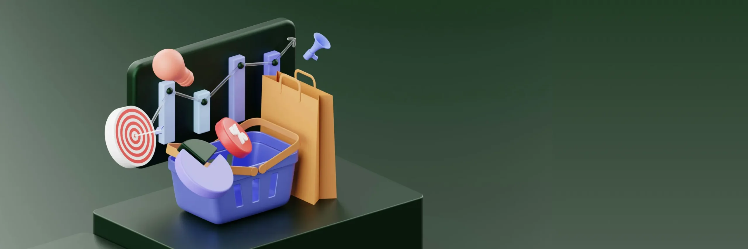 Ein Shopping-Korb mit verschiedenen Symbolen für Marketing und Verkaufsstrategien wie Zielscheibe, Grafik mit steigender Linie und Einkaufstasche.