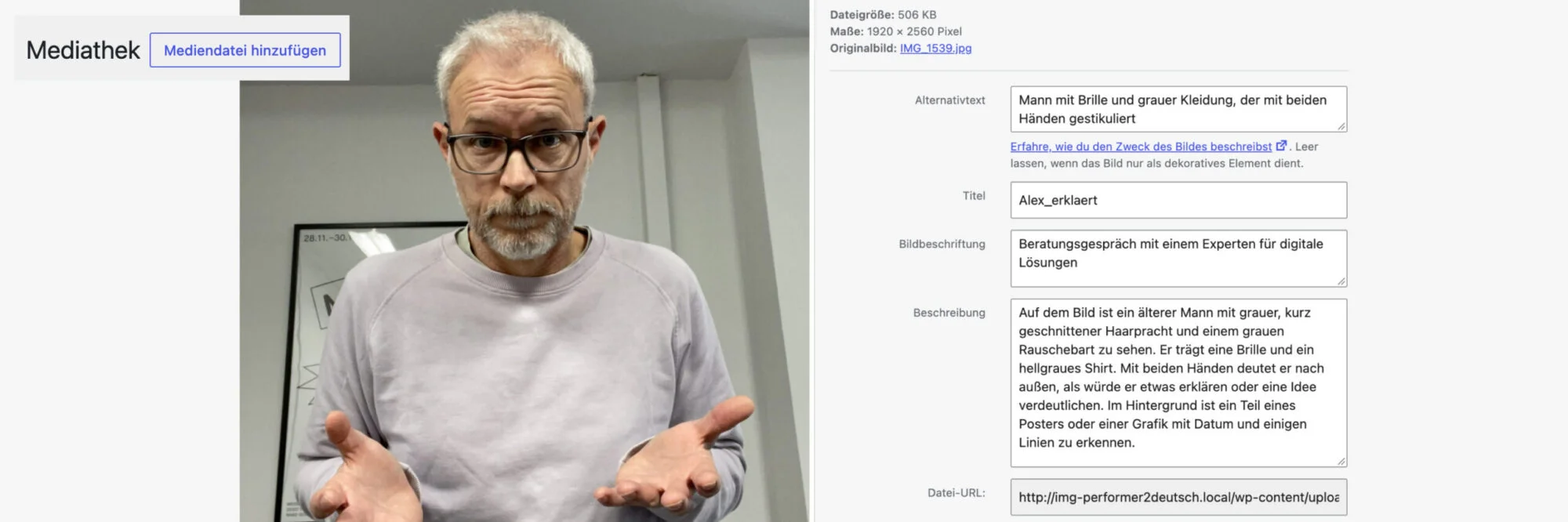WordPress Backend zeigt die Oberfläche der Mediathek.